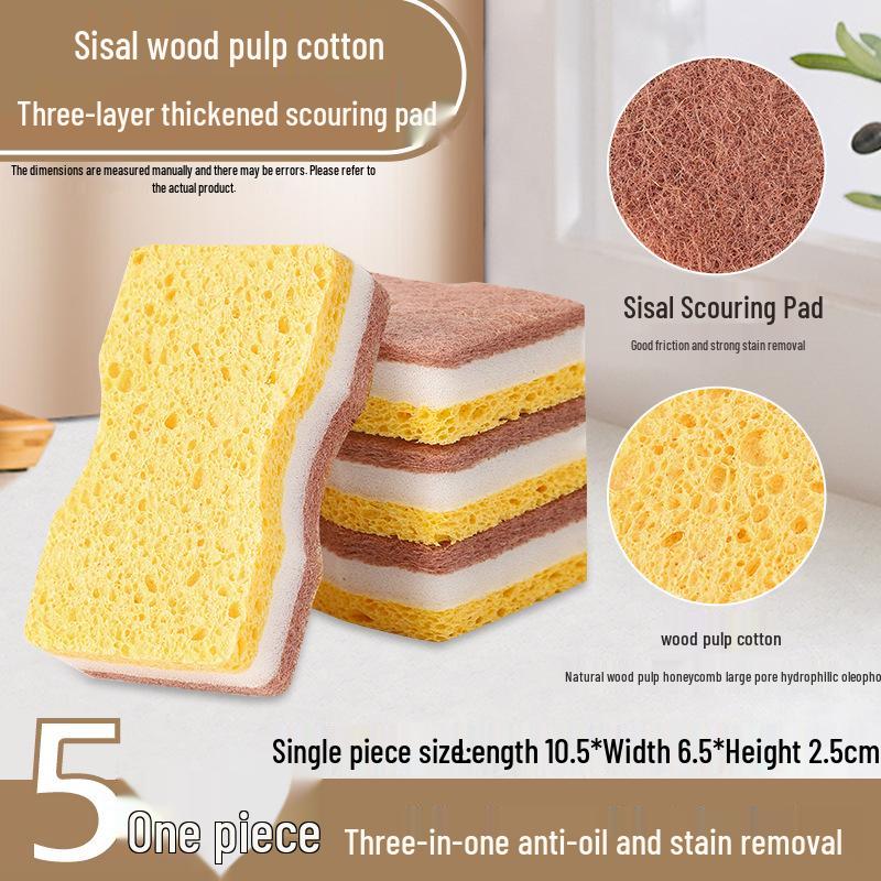 Wood Pulp Cotton Cleaning Sponge & Brush Set - Absorbent Dishcloth, Magic Eraser, Kitchen Scouring Pad