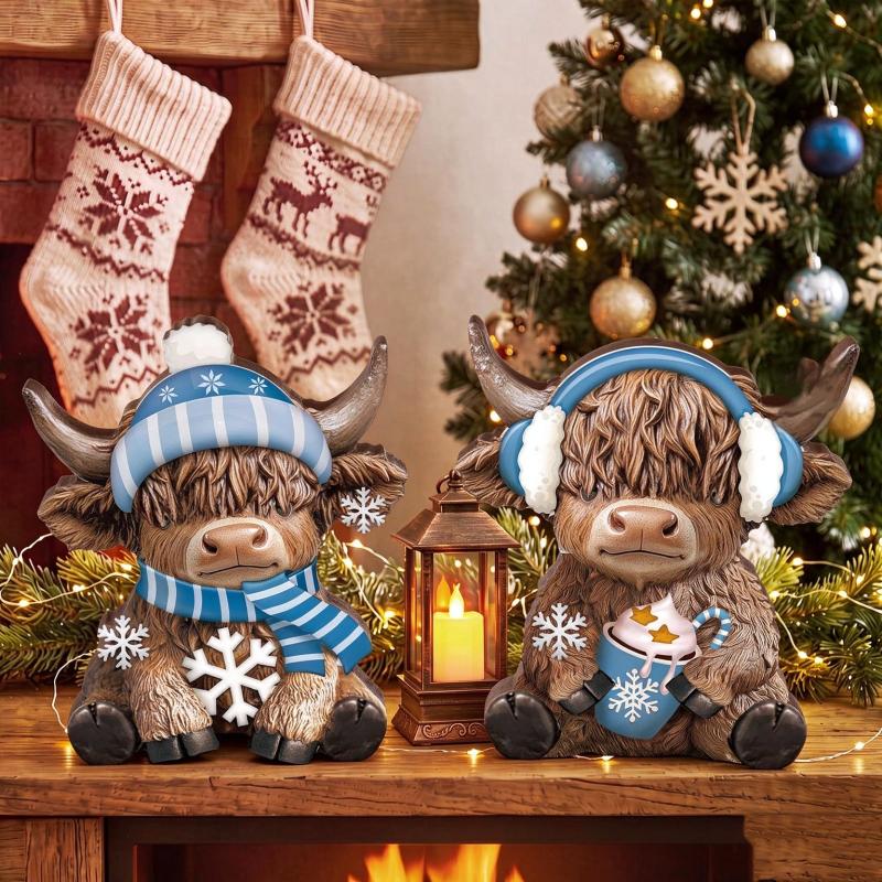 2Pcs 2D Flat Wooden Newspaper-Reading Cows Highland Cow Decorative Ornaments For Home Bedrooms Entryways Bookshelf Display