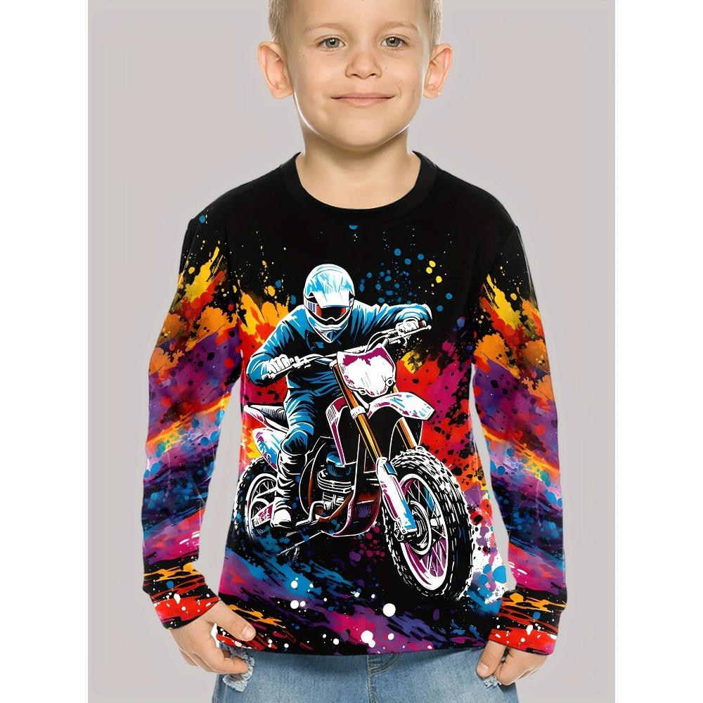 Spring and Autumn Round Neck Motorcycle Pattern 3D Printed Top Fashionable Casual Long Sleeved Children's Boy T-shirts