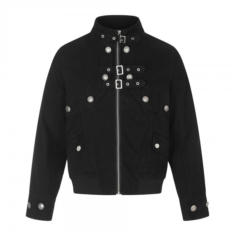 2026 Punk Style Black Stand Collar Metal Button Short Loose Fit Biker Jacket Unisex Casual Outerwear