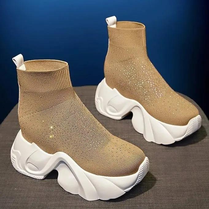 Вязаные носки, сапоги для женщин, осень 2024 г., новые толстые подошвы со стразами, летающие вязаные туфли, повседневные сапоги с внутренней эластичной резинкой