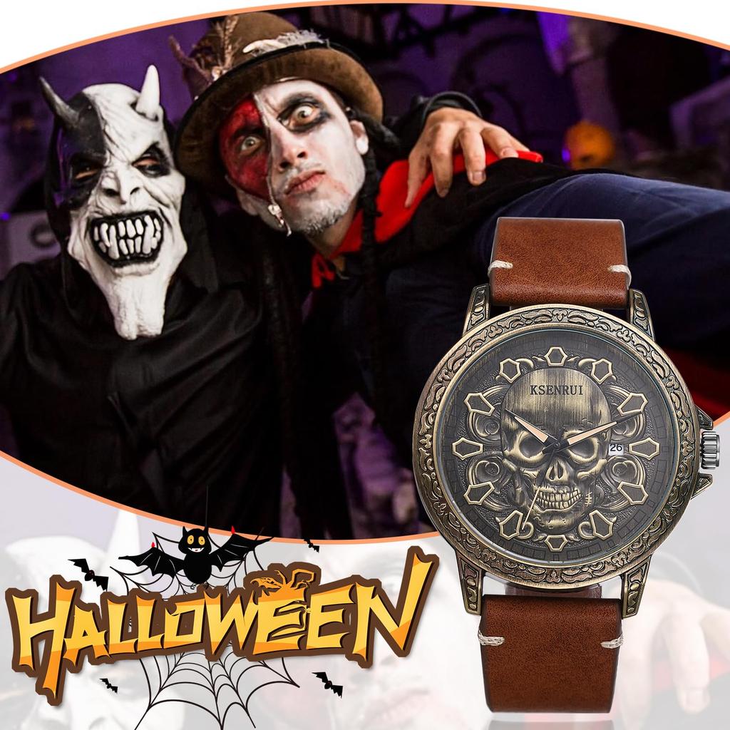 Рок-панк череп из натуральной кожи скелет череп антикварные кожаные часы водонепроницаемые аналоговые кварцевые готические аксессуары на день рождения Рождество Хэллоуин