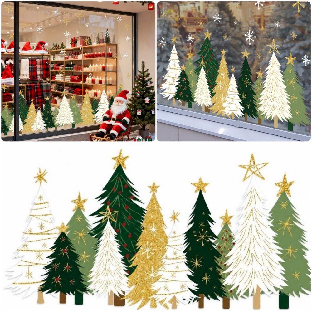 Multicolor Christmas Tree Window Sticker Star Snowflake Waterproof Pine Tree Decals Static Cling Easy Peel Stick Glass Clings