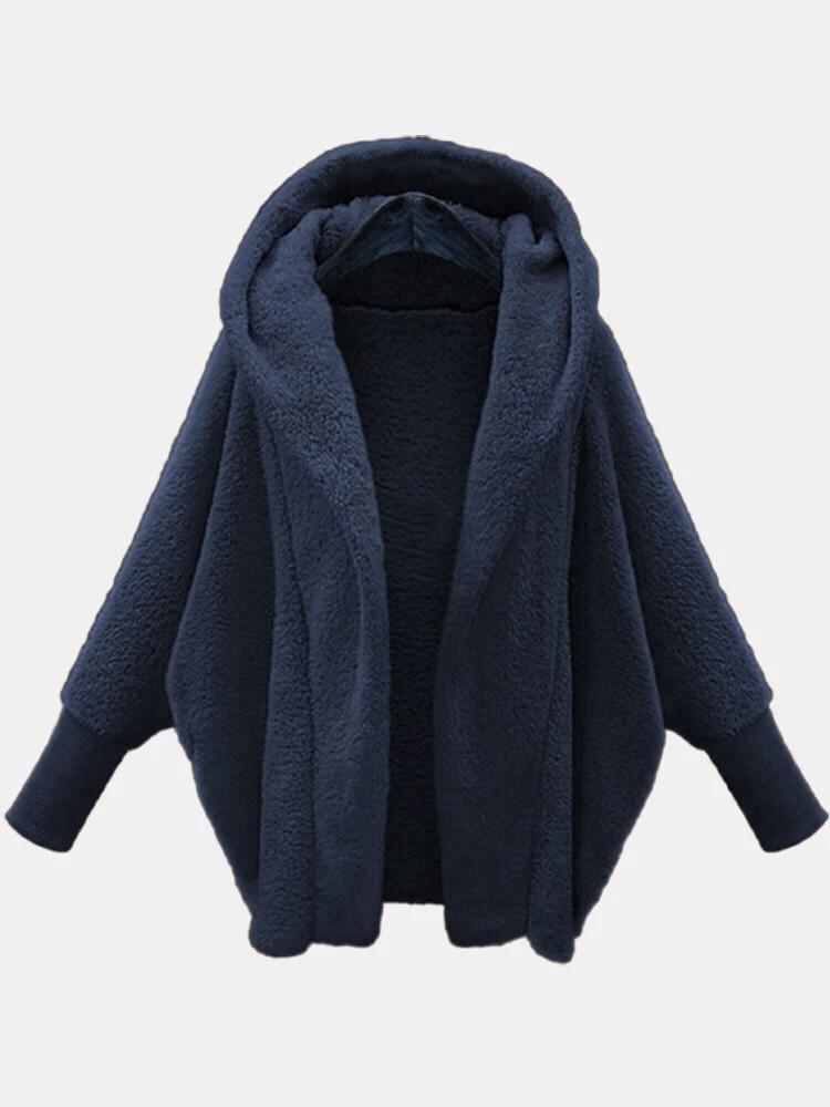 Winter Solid Long Sleeve Jackets 2023 Hooded Loose Plush Coats Large Cardigan Clothes For Women Female Bat Sleeve Clothing 23973