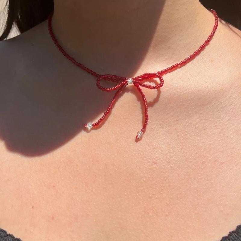 Fashionable Bowknot Pendant Necklace Handmade Colorful Beads Neckchain Bow Clavicle Chain for Women Girls Choker