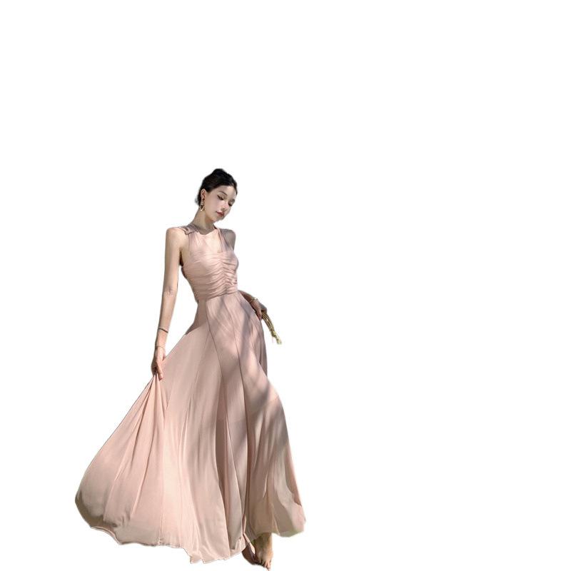 French super fairy streamer neck dress spring and summer vacation style pure desire sexy waist pleated collar mesh dress