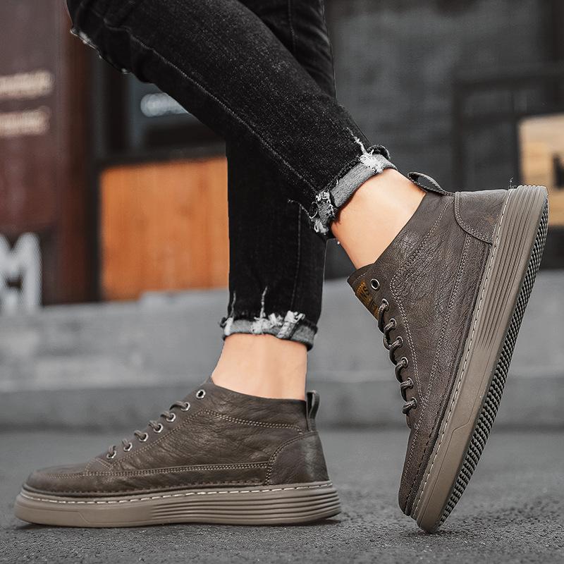 Casual Martin Boots Winter High-Top Tooling Board Shoes Black Medium-Top Retro Leather Shoes Casual