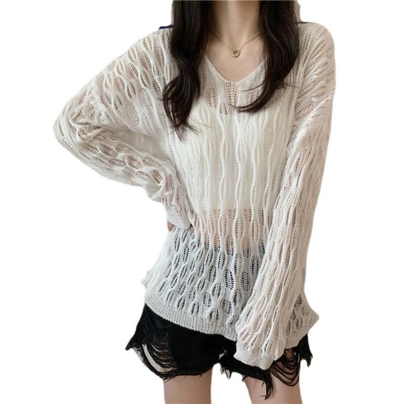 Summer Sexy Perspective Hollow Knitted Sweater Women's Thin Pure Desire Versatile Outer Wear V-neck Long-sleeved Top Blouse Loose
