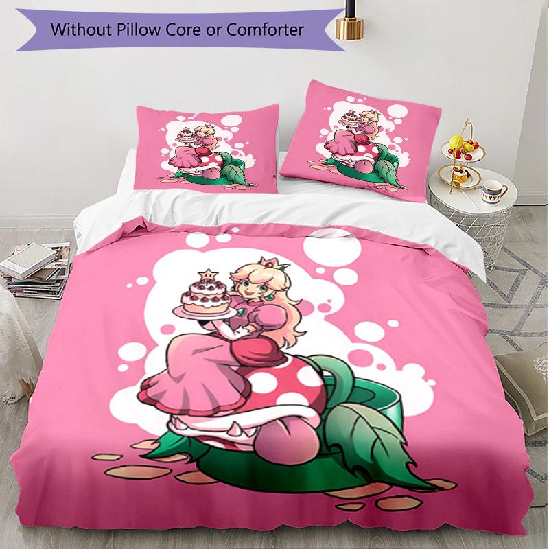 3pcs Duvet Cover Set (1*Duvet Cover + 2*Pillowcase, Without Core), Princess Peach Toadstool Print Soft All‑Season Bedding Set, Home Bedroom Decor Gift
