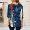 Women Plus Size Round Neck Three Quarter Sleeve Printed T Shirt Red Navy Silver Star Pattern Curved Hem