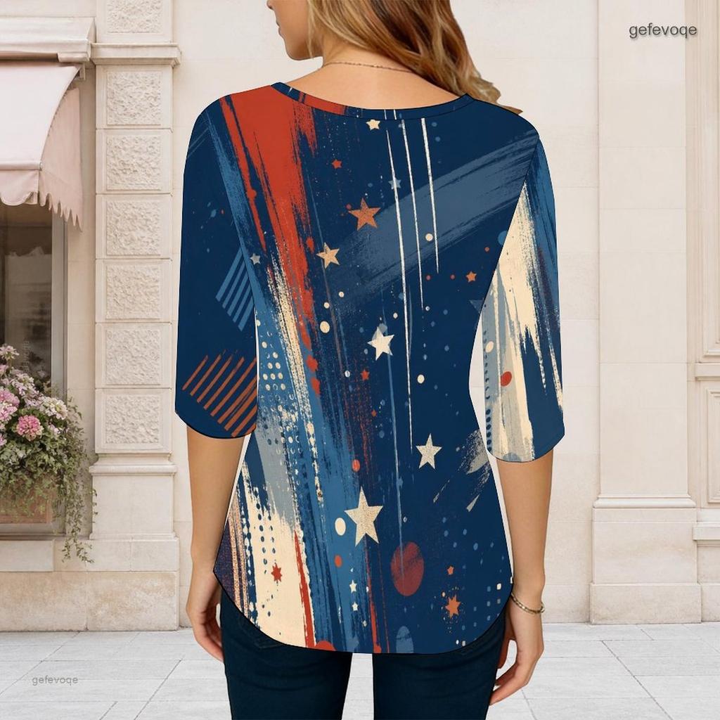 Women Plus Size Round Neck Three Quarter Sleeve Printed T Shirt Red Navy Silver Star Pattern Curved Hem