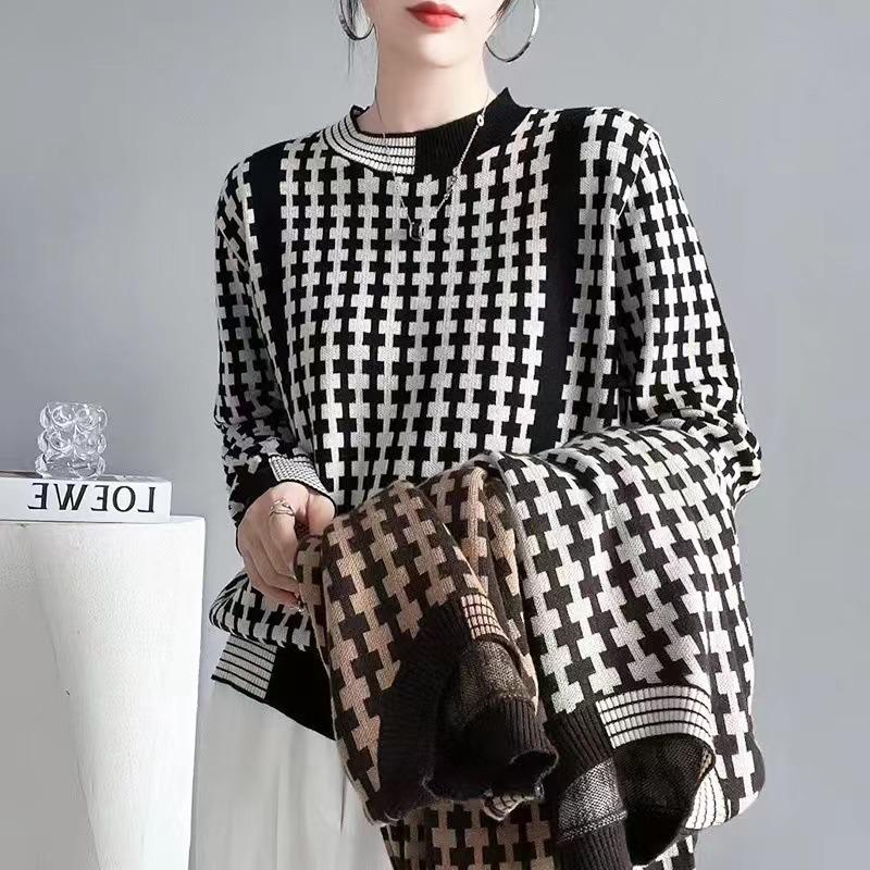Женская толстовка весна-осень, клетчатый свитер из искусственной шерсти, повседневный дизайн, свободный свитер с круглым вырезом, нижняя рубашка