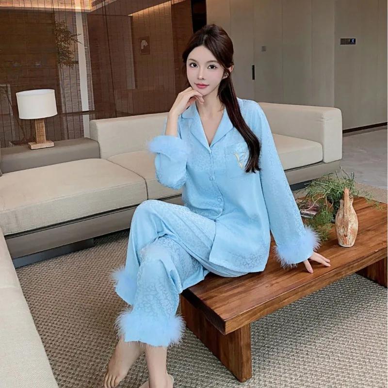 Jacquard Spring Feather Ice Silk Pajamas for Women Light Luxury Silk Satin Home Clothes