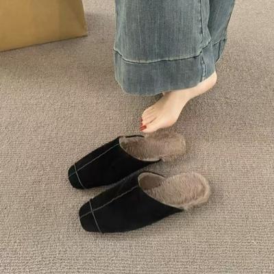 Женские тапочки баотоу зимние новые квадратный носок глубокий вырез замшевые вставки мягкая подошва противоскользящие на низком каблуке
