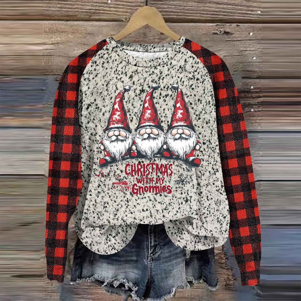 Women's Fashion Round Neck Pullover Plunging Sleeve Tee Christmas Printed Top