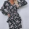 Women Floral Print Casual Short Dress Fall A-Line V-Neck High Waist Puff Sleeve Black S-XL