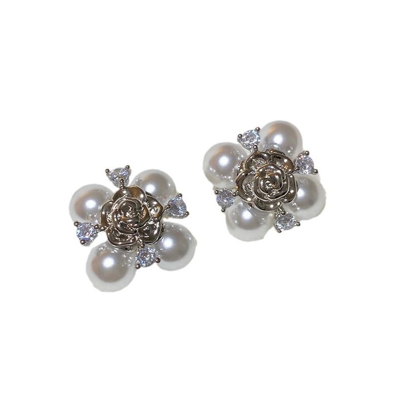 Silver Camellia Pearl Stud Earrings Light Luxury Premium Retro Earrings No Pierced Ear Clips Women's No Hole Mosquito Coil Disc