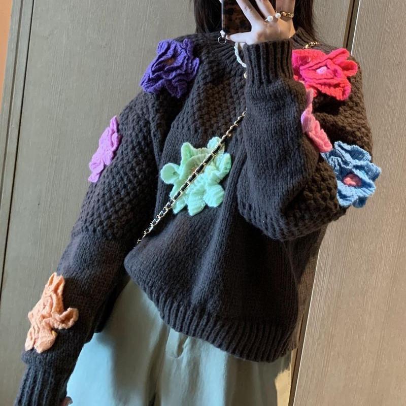 Новый трехмерный цветочный вязаный женский свитер для женщин, новый свободный, томный, ленивый, ветер, иностранный, сладкий, женский свитер
