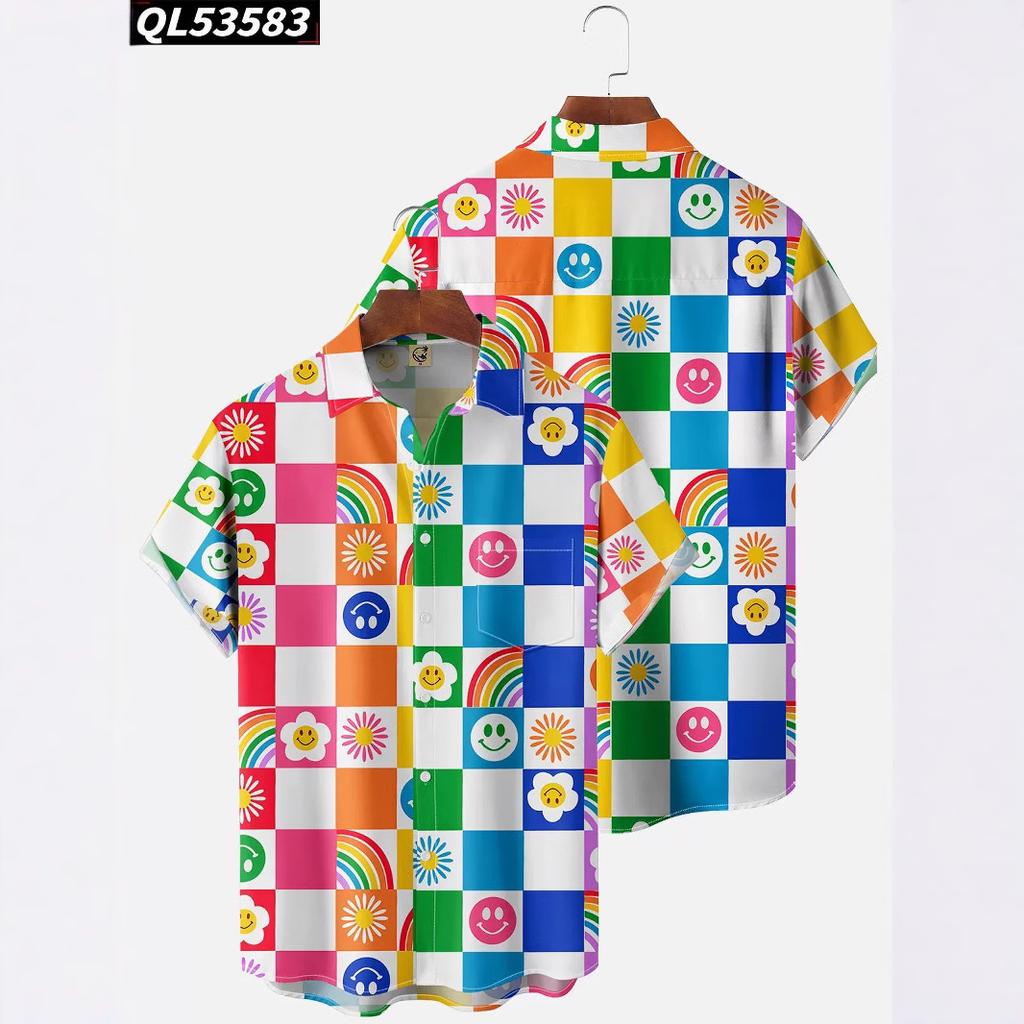 European And American Men'S Short-Sleeved Shirt 3D Printing Casual Simple Lapel Shirt