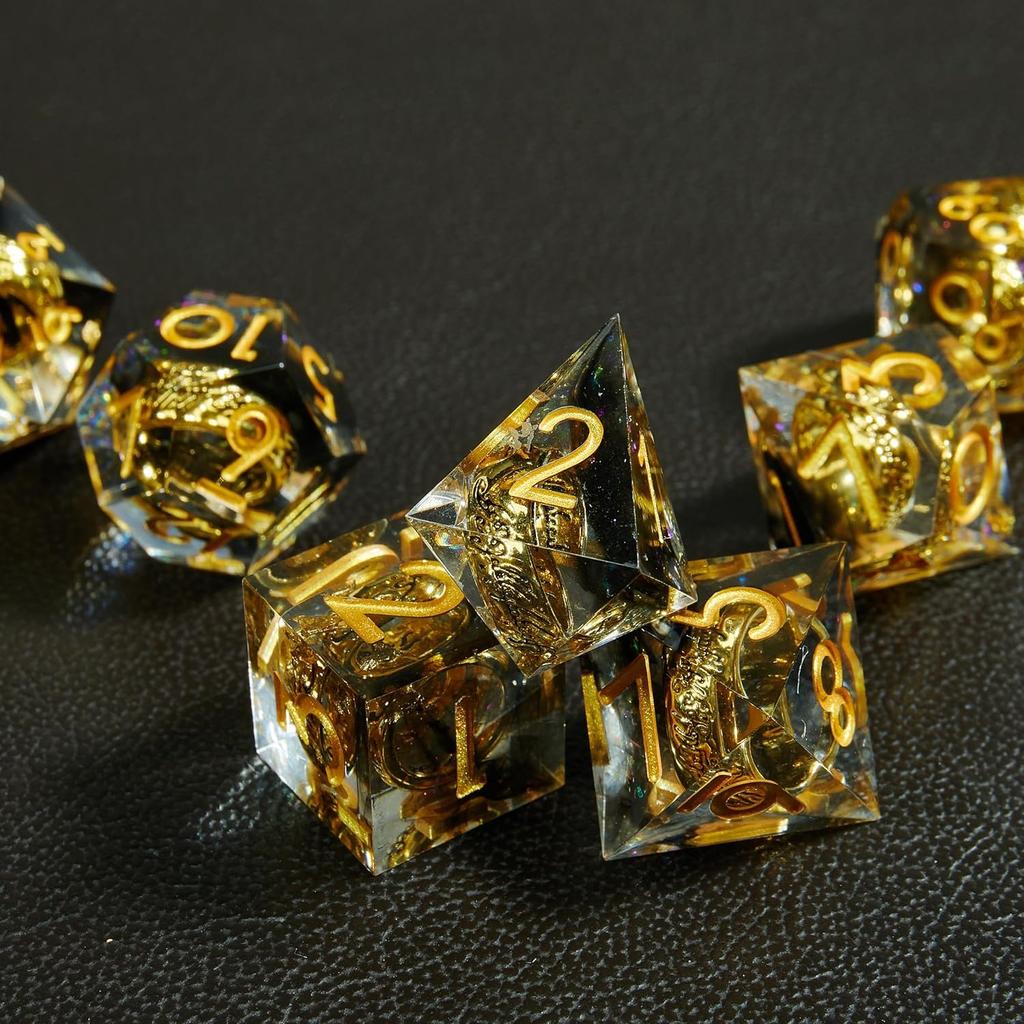 DND Dice Set Magic Rings Sharp Edge Resin Dice with Metal Box, Transparent Dice Handmade Lightning Polyhedral for RPG, MTG Dice Pathfinder Shadowrun