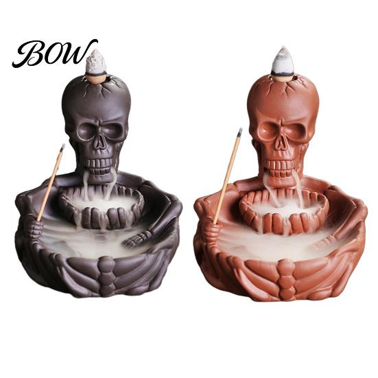 Halloween Tabletop Ornament Skeleton Incense Burner, Backflow Waterfall Cone Holder, Gothic Skull Creative Smoke Stick Holder for Home Decor,