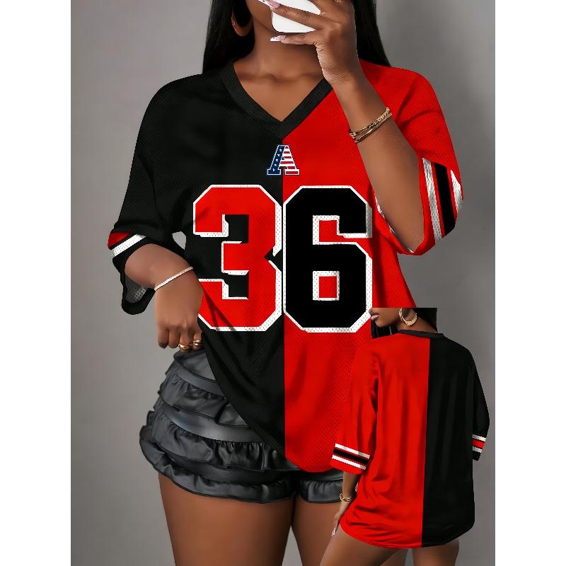 Summer Contrasting Color Jersey T-Shirt V-Neck Loose Sexy Streetwear American Fashion Casual Travel Tee Womens Y2k Top