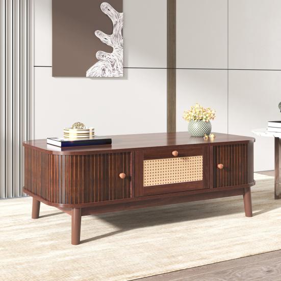 Home Reception Cocktail Tea Table Coffee Table Rattan Drawers with and Sliding Doors Storage Cabinet Solid Wood Slats Legs Natural Country Style