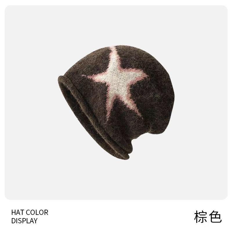 Hat Women's Autumn and Winter Baotou Hat Star Drawstring Stacking Hat Small Wool Hat Warm and Cold Knitted Curling