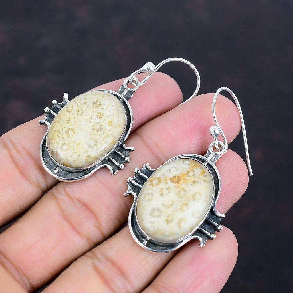 Серьги из ископаемого коралла, серьги ручной работы, драгоценные камни, серьги из стерлингового серебра 925 пробы, ювелирные изделия из ископаемого коралла, подарки для женщин, дизайнерские украшения