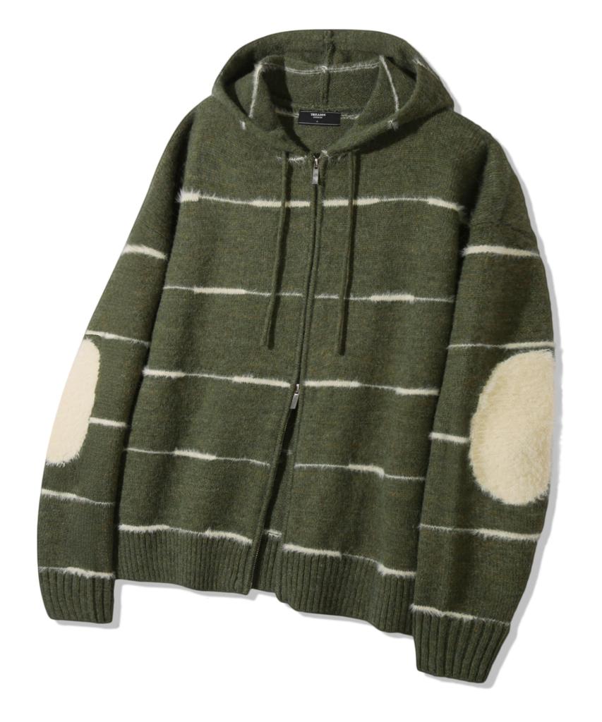 TRILLION Washable Wool Hairy Stripe Hooded Zip-Up Knit_Khaki