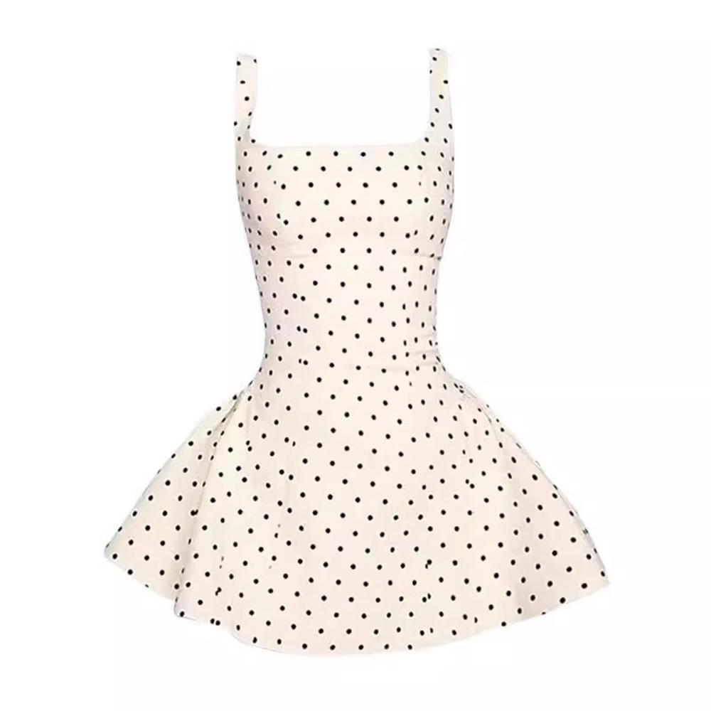 Абрикосовое платье-сарафан с квадратным вырезом, женская весенняя нежность, короткая юбка на талии, повседневное женское платье в горошек