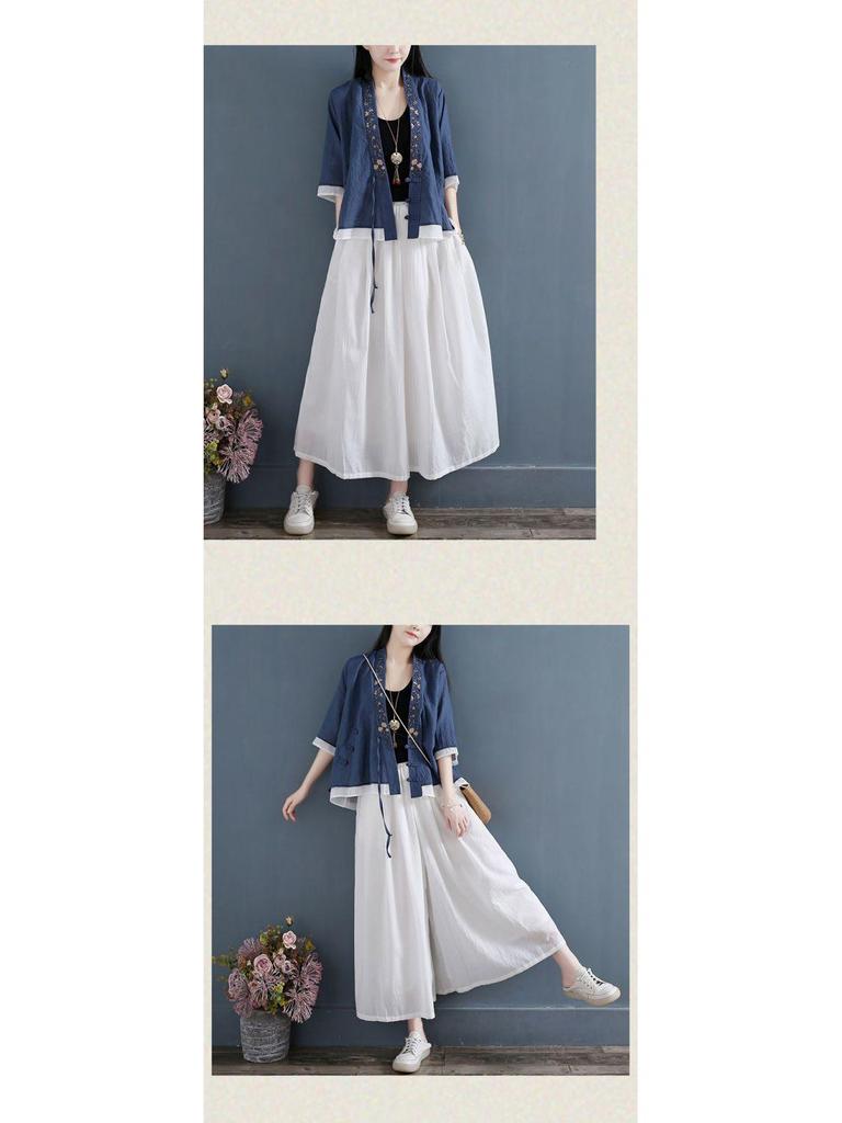 Women's V-Neck Cotton Linen Shirt - Spring/Summer 2024, Loose Fit, Large Size, Casual Short-Sleeve