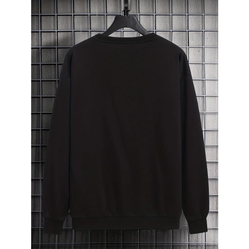 Men's Autumn Winter Fashionable Casual Loose Simple Letter Printed Fleece Pullover Round Neck Long Sleeved Sweatshirt Pullovers & Long Sleeves Men’s