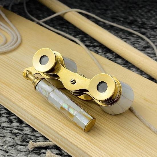 Pure Shiny Brass, Vintage White Binocular With Handle, Theatre Glasses, Mini Nautical, Mother of Pearl, Compact Cute Gift, Gift For Father