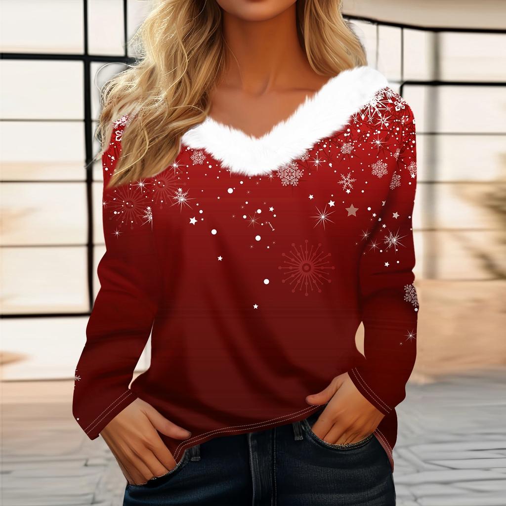 Рубашки с длинным рукавом для женщин Милые топы Рождественские принты Футболки Блузки Повседневные топы больших размеров Базовые топы Пуловеры