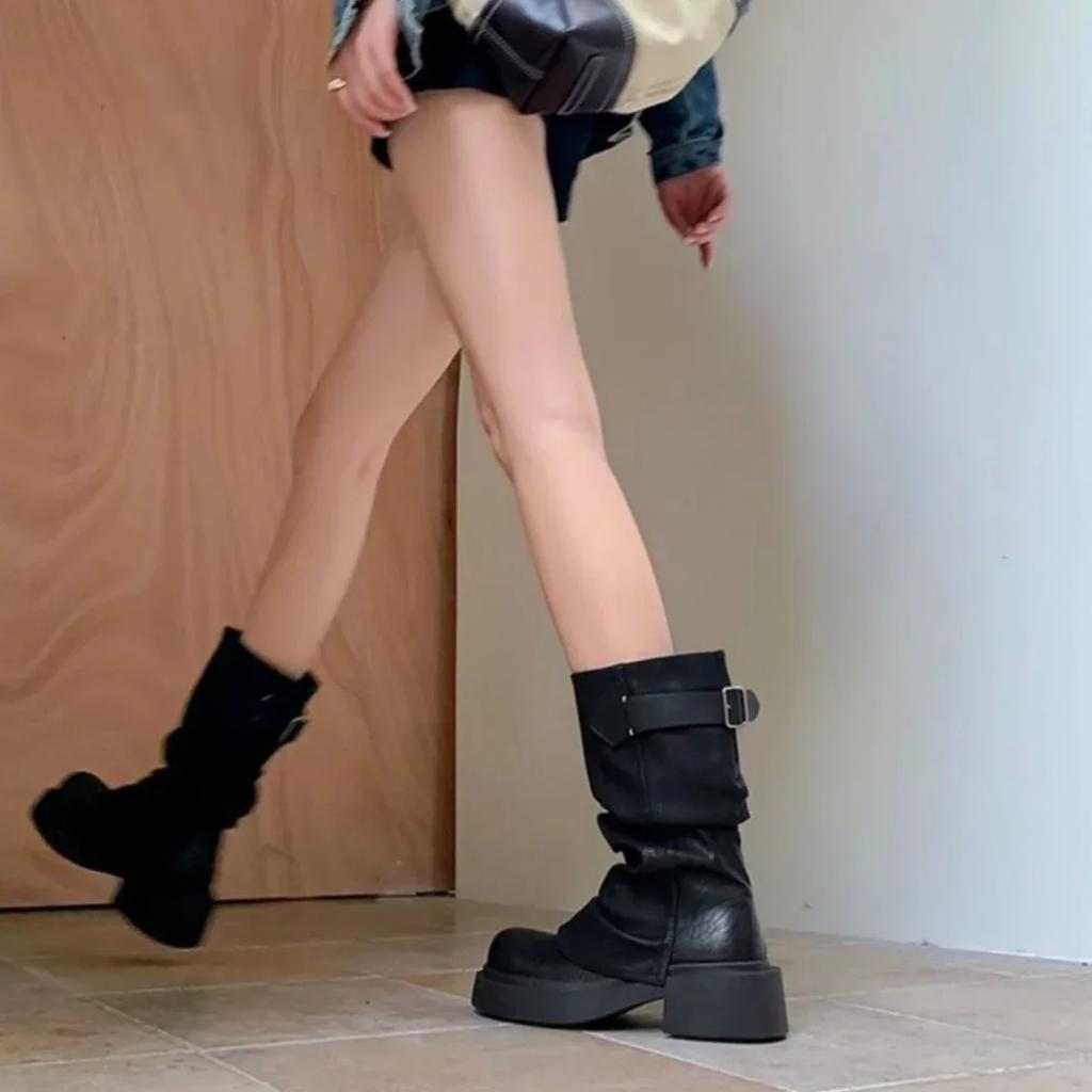 Middle Heel Round Toe Ladies Mid Calf Shoes Black New In Trend 2024 Chic and Elegant Demi-season Spring Women's Half High Boots