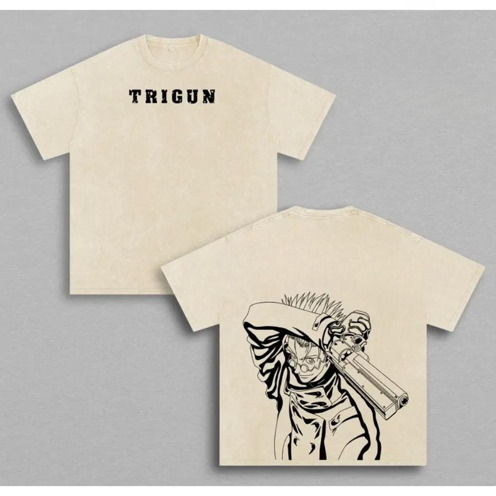 Anime TRIGUN Vash The Stampede Print Tee Men Short Sleeve Cotton Tshirts Vintage Washed T-shirt Harajuku Male Oversized T Shirt