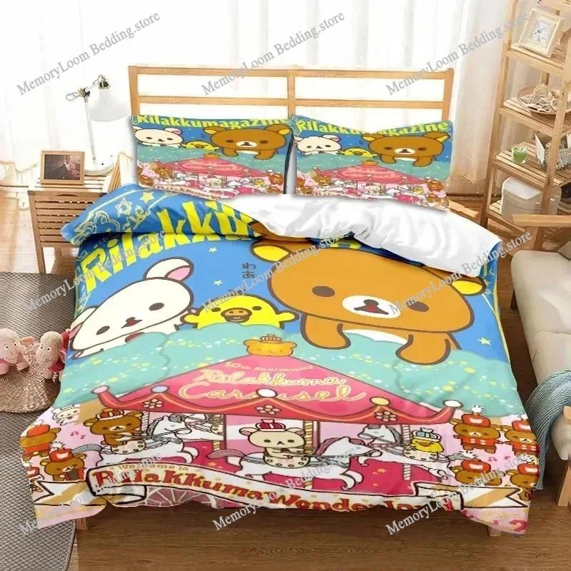 Anime Character Cute Rilakkuma Bear Bedding Set Full/Queen/King Size Duvet Cover Pillowcase Kids Adult Soft Home Textile Set