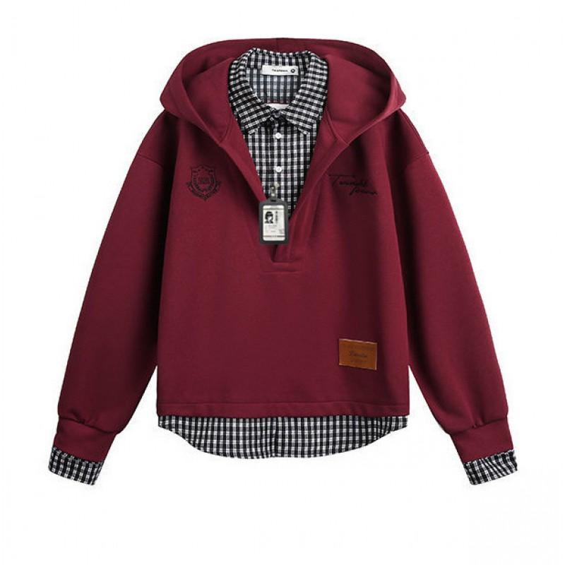 College Style Hooded Pullover Sweatshirt With Plaid Shirt Layer Men Women Loose Fit Long Sleeve Top