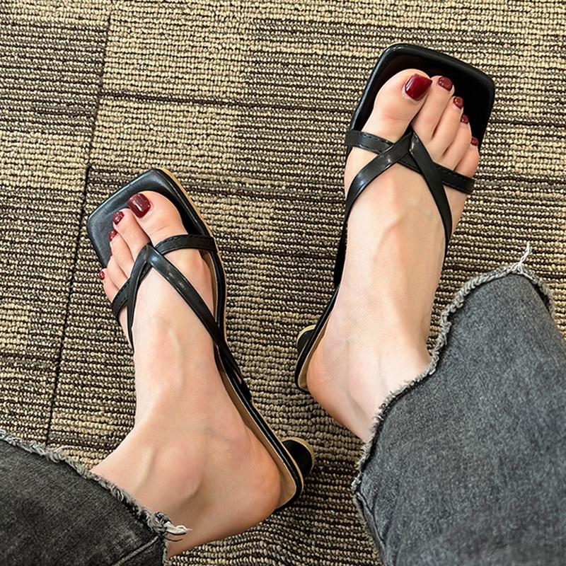 Fashion Gold Silver Clip Toe Middle Heels Sandals Women Fashion Pu Leather Square Toe Slides Woman Summer 2024 Thick Heel Sandals Female