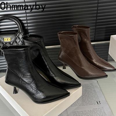 Осенний Дизайн Женские Ботильоны с Острым Носком Сексуальные Высокие Каблуки Обувь с Острым Носком Современные Короткие Ботильоны для Женщин