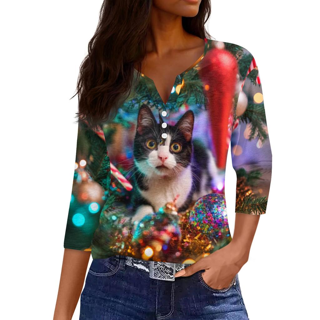 Women's Fashionable Casual Christmas Printed V-neck Three-quarter Sleeve Decorated Button Top