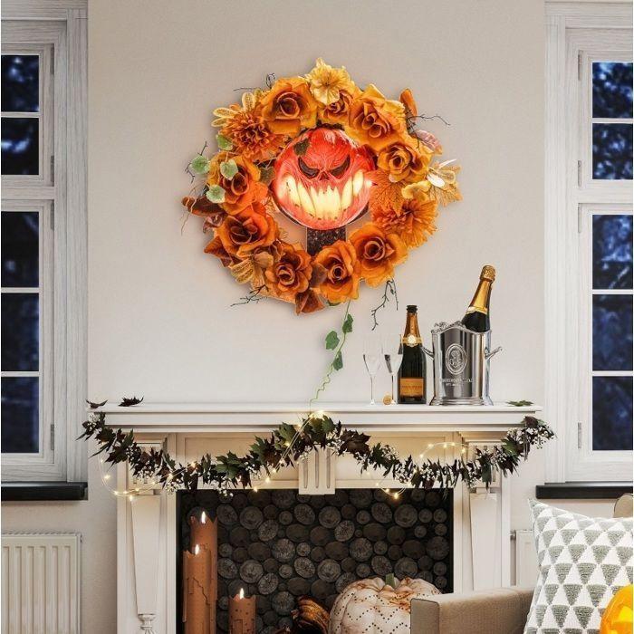 Couronne d'Halloween lumineuse - AIMOONSA - Couronne d'Halloween lumineuse citrouille LED - 44 LED - Orange - Acier et polyester