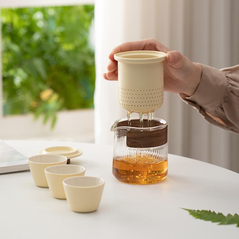Portable glass travel tea set, small set, one pot, three cups, outdoor travel portable teapot with hand gift lettering