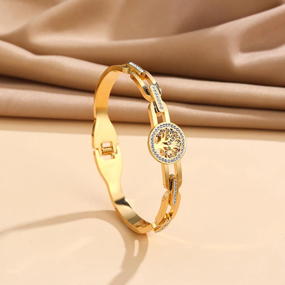 Luxury Stainless Steel Tree of Life Bracelet For Women Men Golden Cubic Zircon No Fade Color Lucky Cuff Bangle Jewelry
