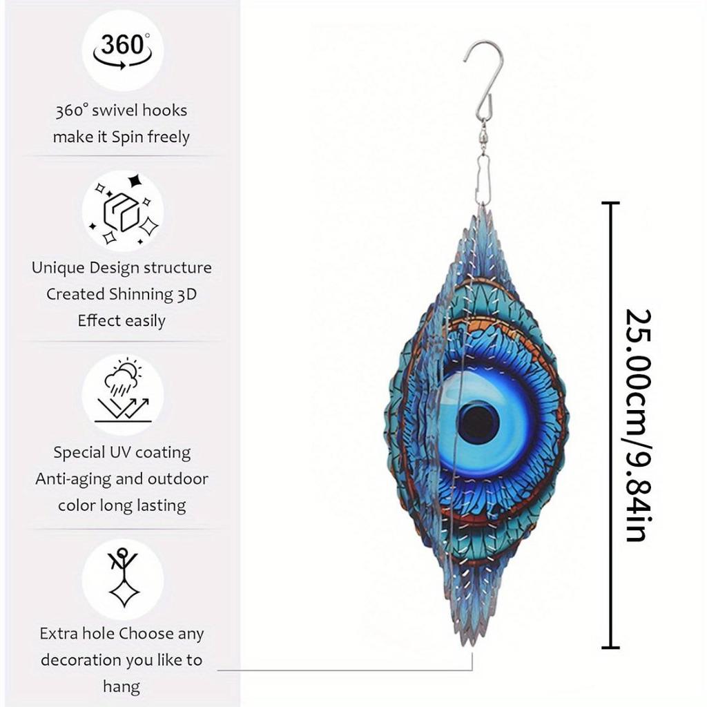 Кинетический металлический спиннер «Злой глаз» - Сложный дизайн из синего и бирюзового витражного стекла - Универсальное искусство для сада, патио, для помещения/улицы