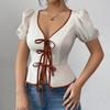 New Summer Fashion Solid Hollow Out Shirt Women Sexy V Neck Puff Sleeved Lace Up Tops Chic Female Casual Waist Blouse Streetwear