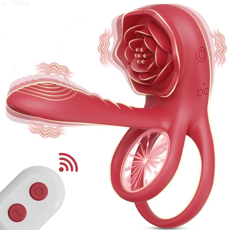 Vibrating Cock Ring Penis Sleeve with Rose G Spot Clitoral Stimulator Ejaculation Delay Couple Sex Toys for Men Women Erection