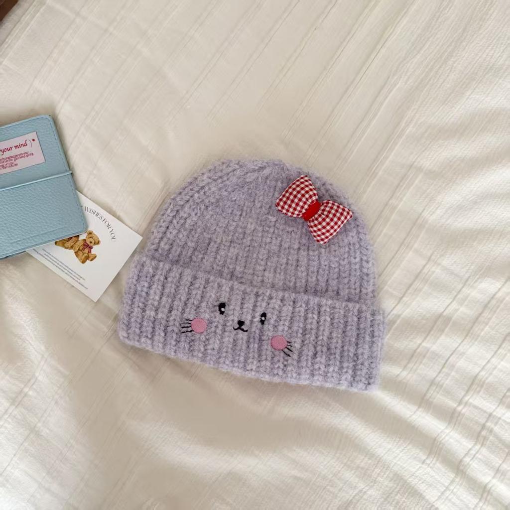 Versatile bow cute cat ears contrasting color thread hat women's winter warm ear protection age reduction knitted cold hat