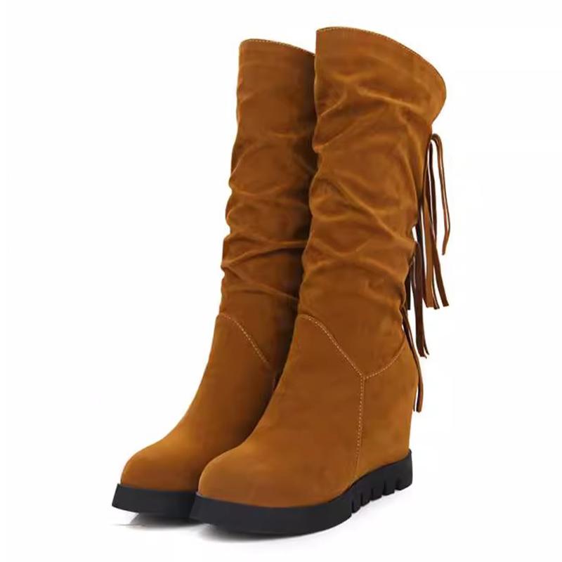 Tassels Women High Boots Suede High Heels Designer Shoes 2025 Trend Mid Calf Winter New Motorcycle Boots Fashion Botas De Mujer